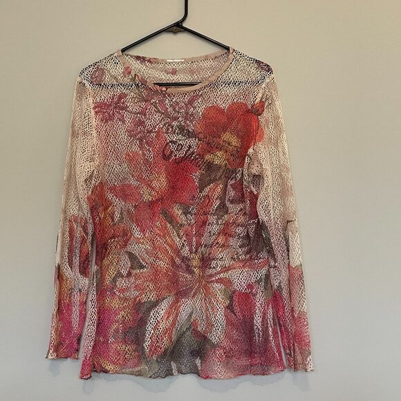 Floral Painted Openwork Round Neck Long Sleeve Top L/XL - Picture 1 of 6